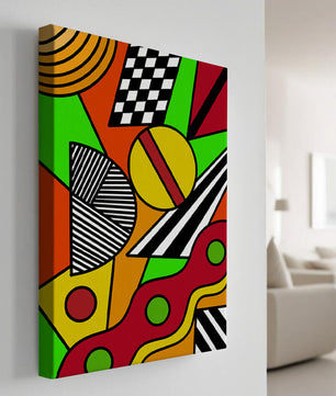 Vibrant geometric abstract artwork with bold colors and shapes