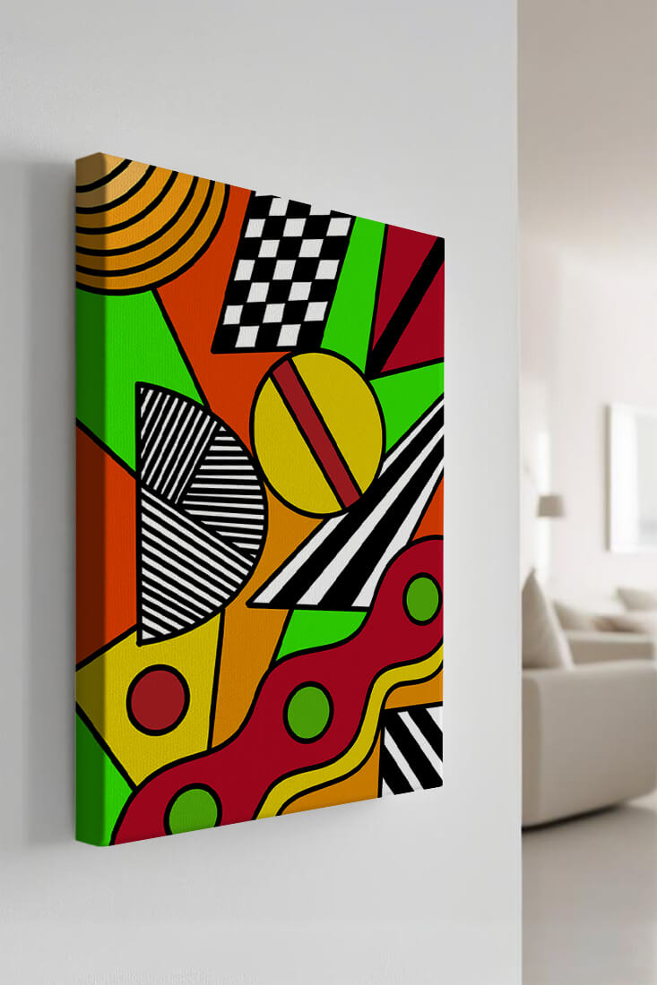 Vibrant geometric abstract artwork with bold colors and shapes