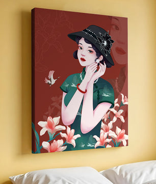 Elegant woman in vintage attire with floral hat and lilies