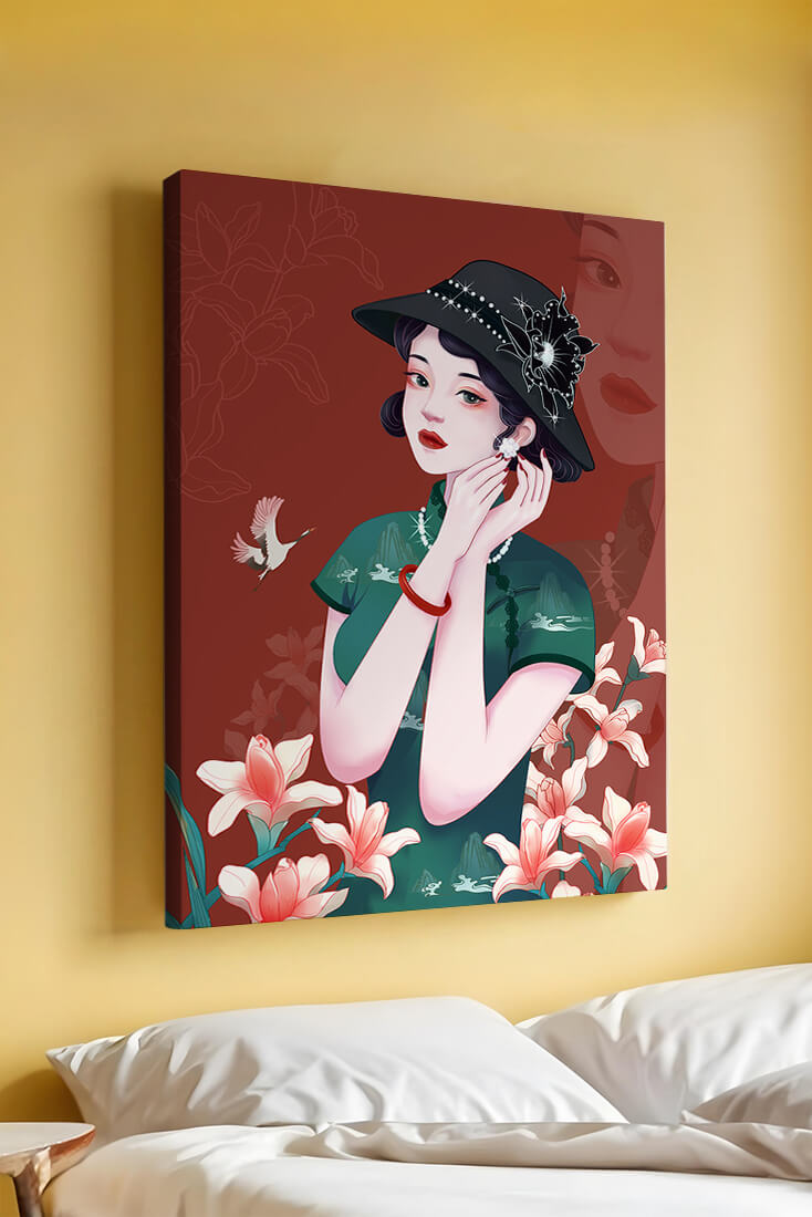 Elegant woman in vintage attire with floral hat and lilies