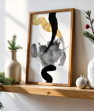 Abstract black and gold brushstrokes with textured patterns