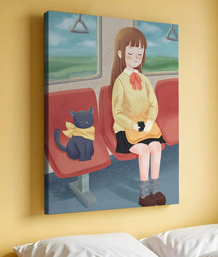 Viaje en tren tranquilo con una chica y su gato ilustrado