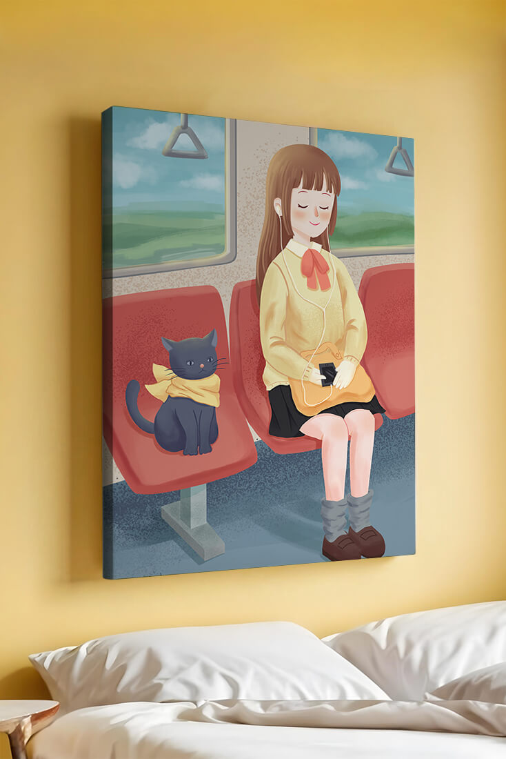 Peaceful train ride with a girl and her cat illustrated