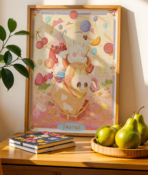 A whimsical Taurus zodiac illustration with playful animals and sweet treats
