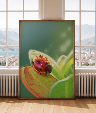 Ladybug on Leaf with Dew Drops in Serene Nature Setting - Mi tienda