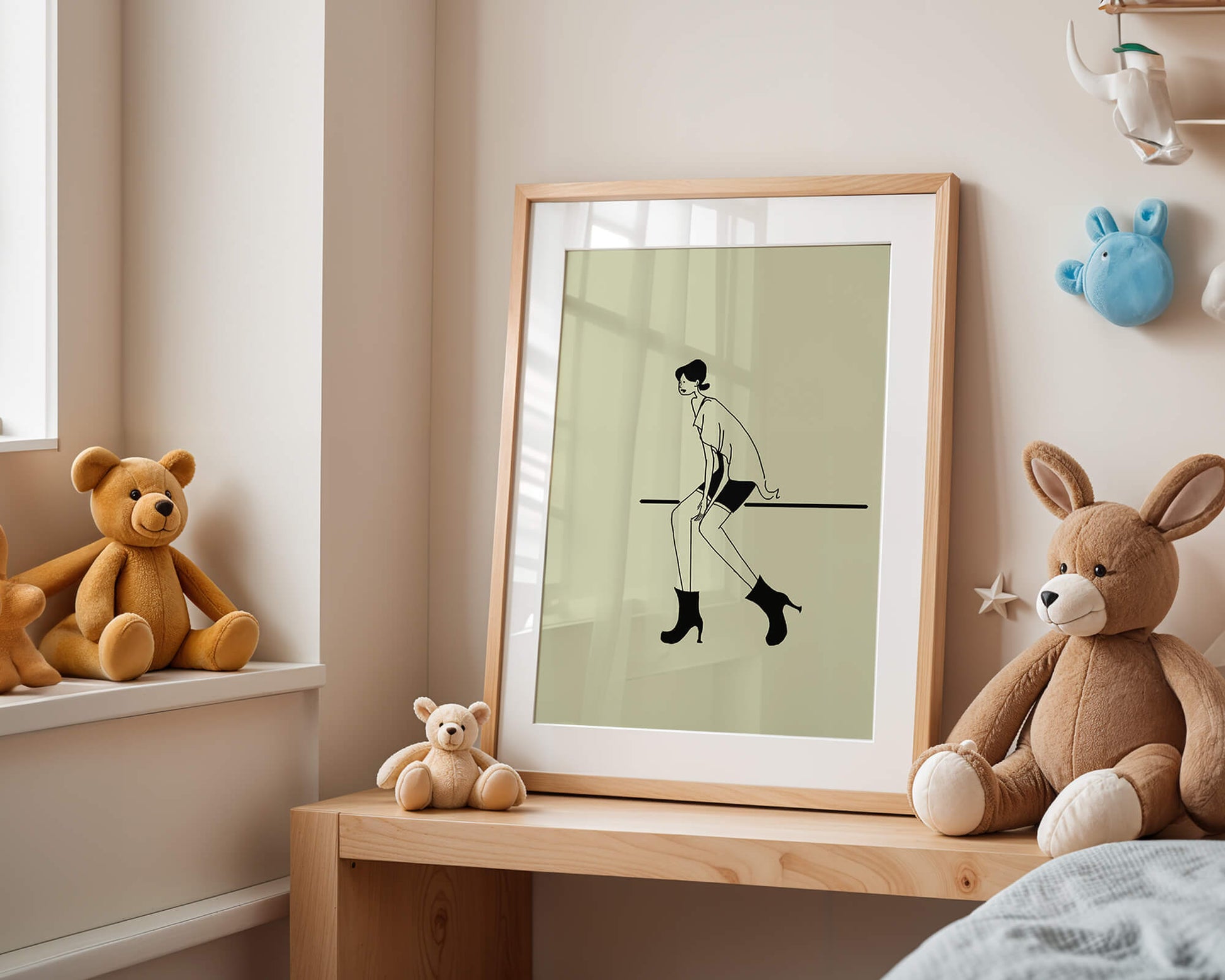 Schicke minimalistische Illustration einer sitzenden Frau in stylischen Stiefeln