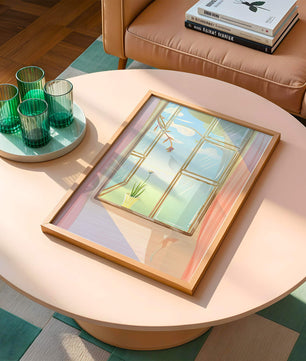 Tranquil open window with floral view and gentle sunlight