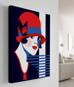 Femme élégante de style art déco avec chapeau cloche rouge et motifs géométriques
