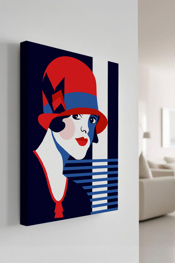 Elegante mujer de estilo art déco con sombrero cloche rojo y patrones geométricos.