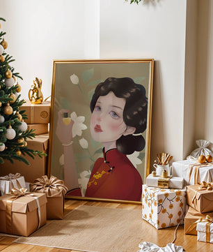 Captivating portrait of a woman in traditional attire with floral backdrop