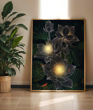 Lotus Flowers with Glowing Accents and Koi Fish Underwater