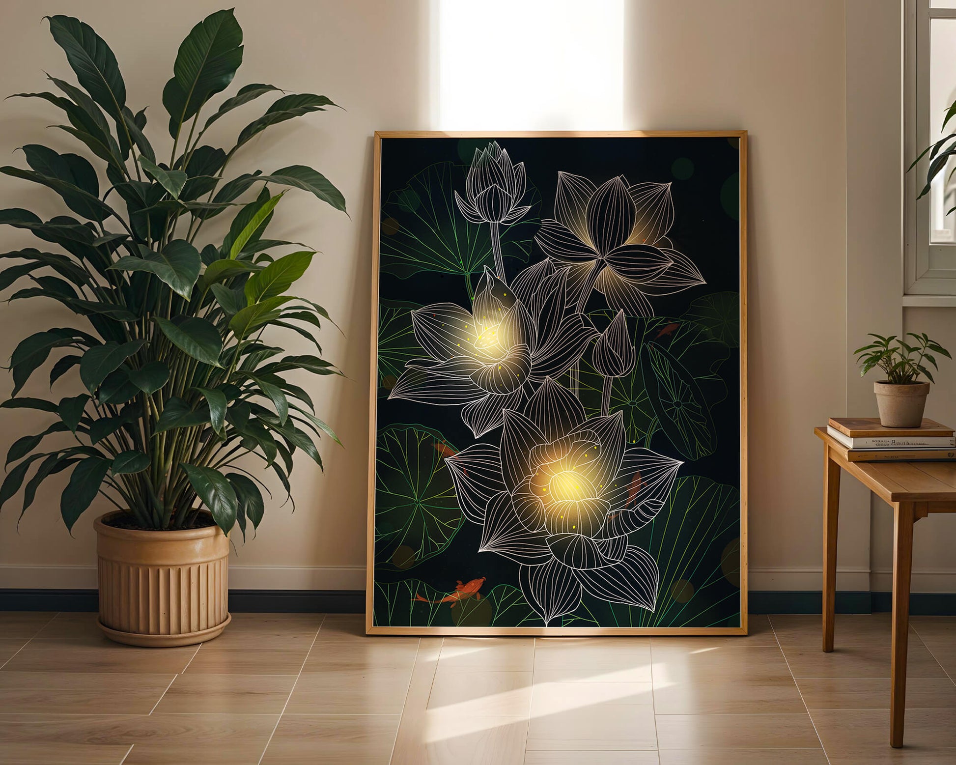 Flores de loto con detalles luminosos y peces koi bajo el agua