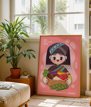 Personnage de dessin animé charmant en tenue traditionnelle tenant un panier de nourriture coloré