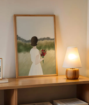 Woman in White Dress Holding Bouquet Facing Nature