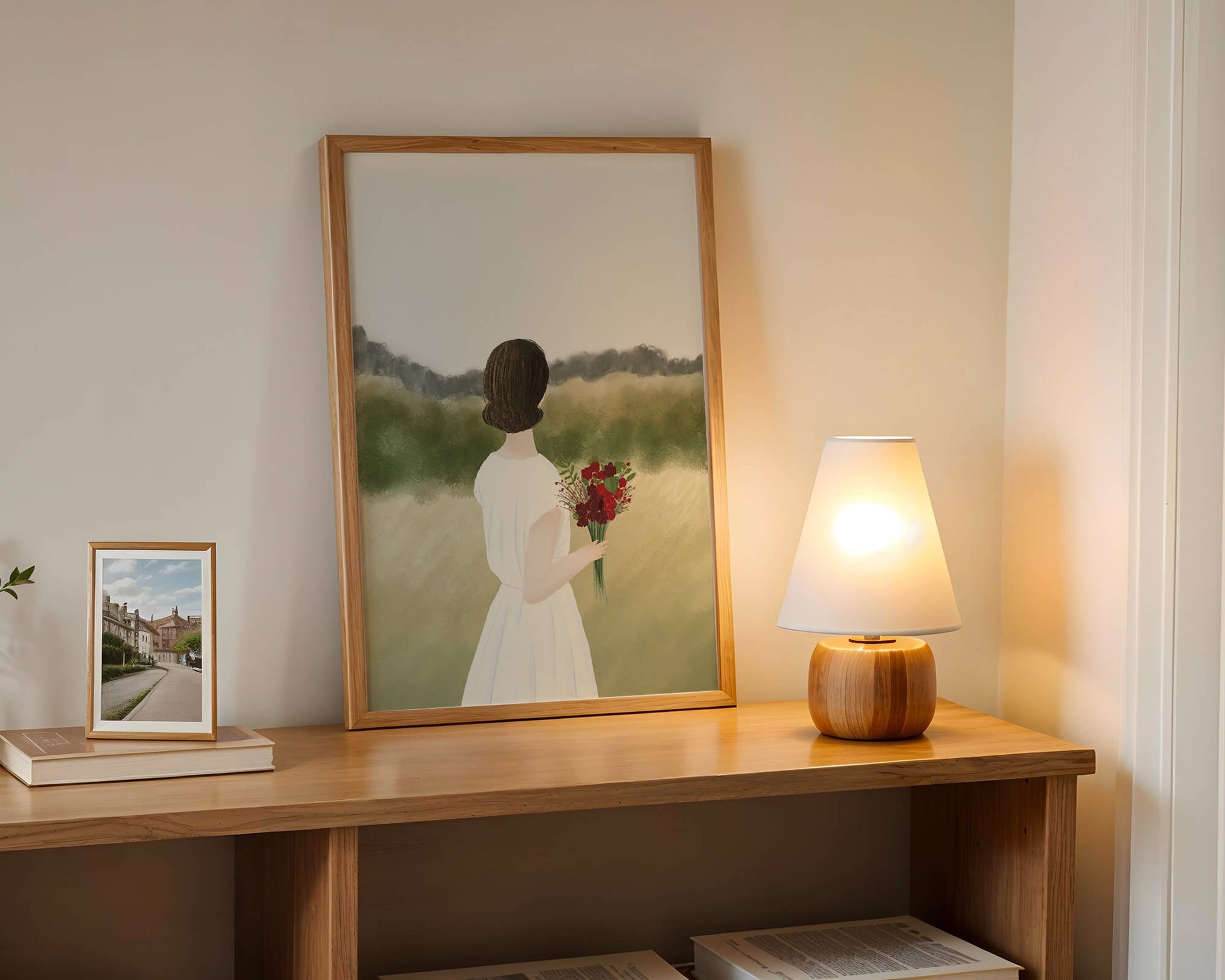 Woman in White Dress Holding Bouquet Facing Nature