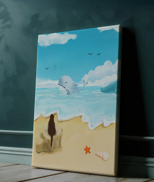Meeresblick mit Wal und Elemente am Strand