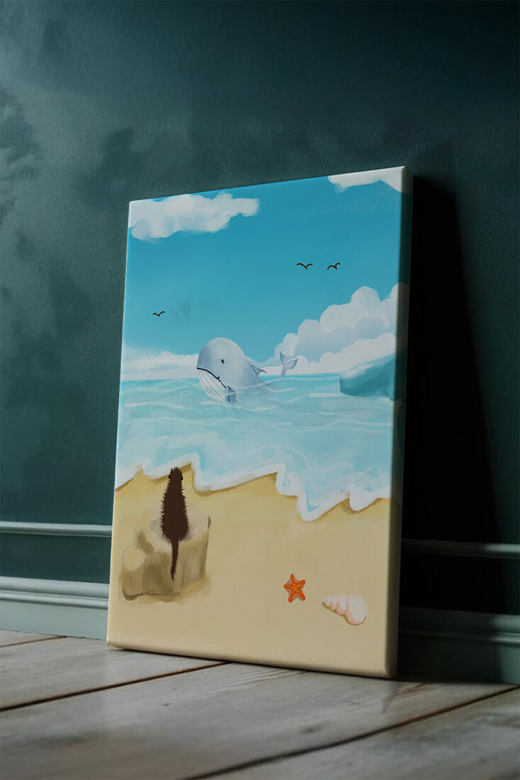 Vista al océano con ballena y elementos de playa