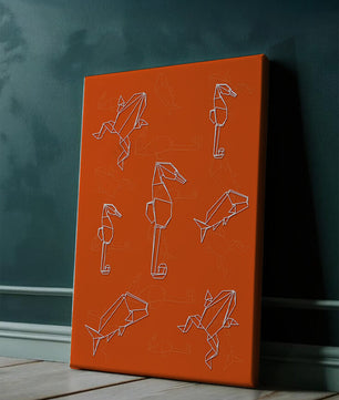 Geometrische Tiermuster auf leuchtend orangefarbenem Hintergrund