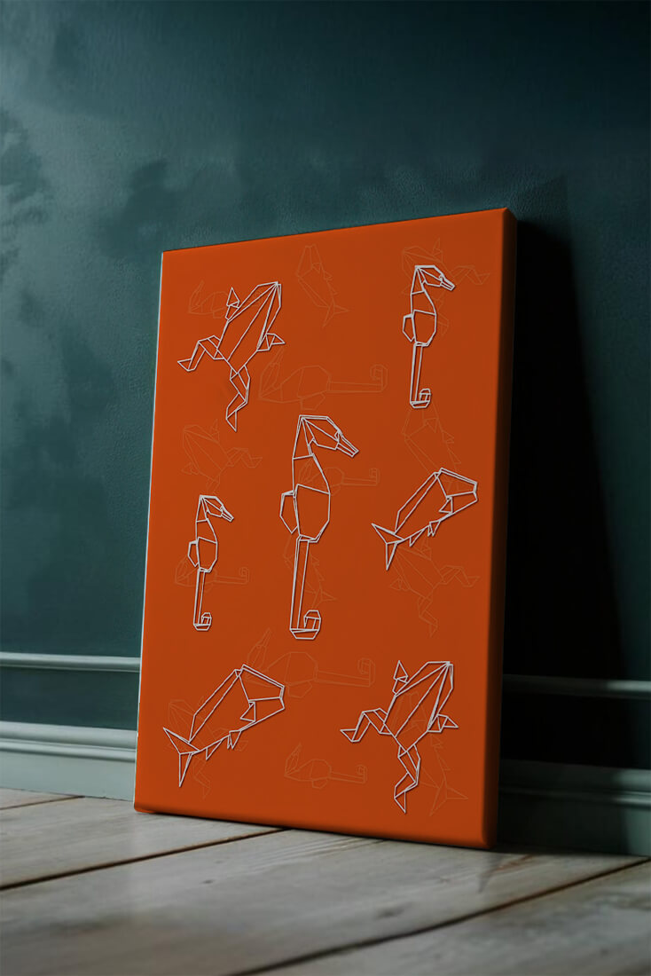 Geometric animal patterns on vibrant orange background