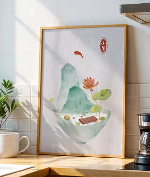 Paysage tranquille avec poissons, lotus et montagne dans un bol