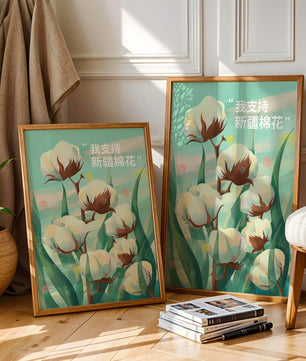 Ilustración de plantas de algodón con texto de apoyo en chino