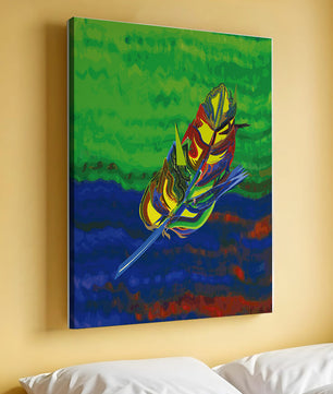 Abstract colorful feather on vibrant background