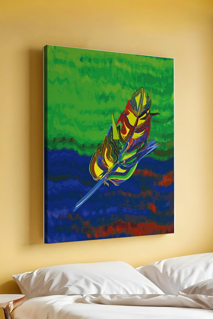 Abstract colorful feather on vibrant background