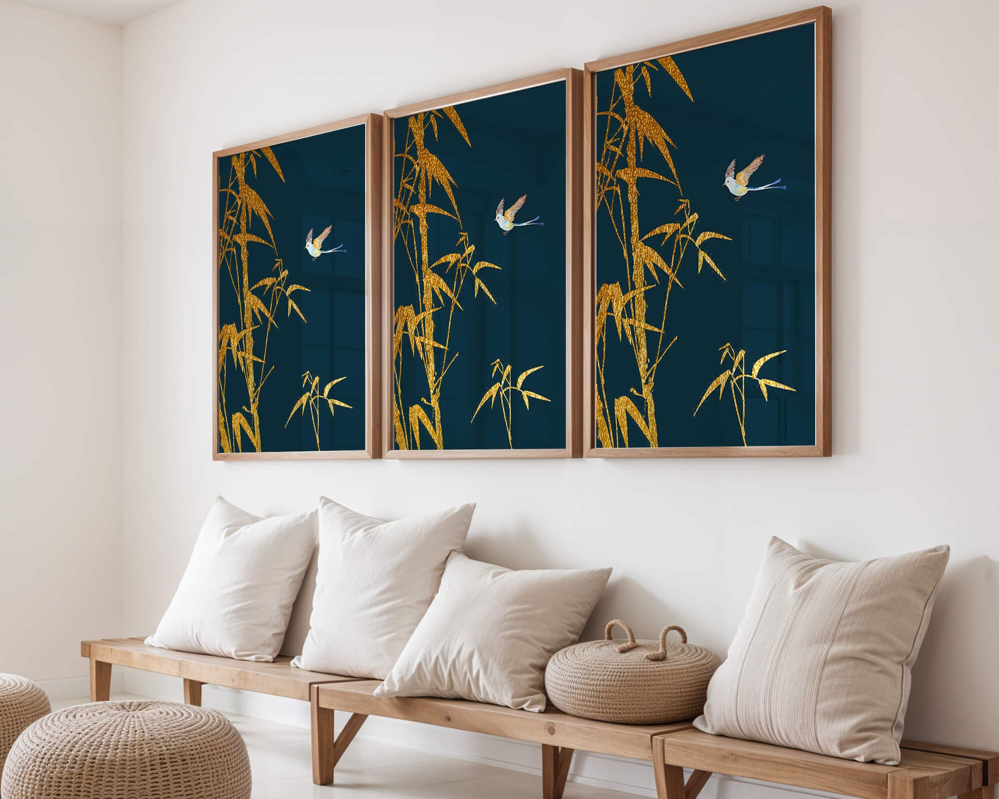 Golden bamboo and bird against a deep blue background
