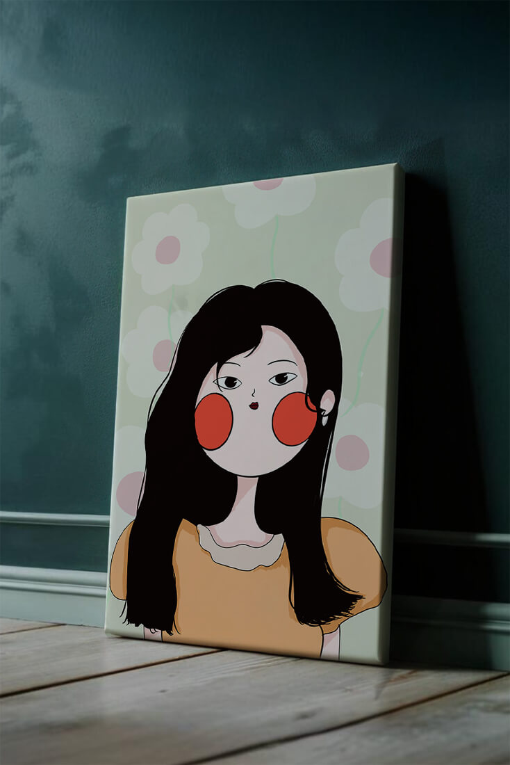 Charming illustration of a young woman with floral background