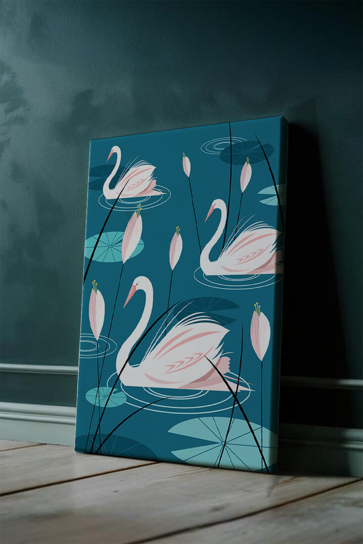 Serene illustration of swans gracefully gliding on a pond with lily pads