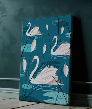 Serene illustration of swans gracefully gliding on a pond with lily pads