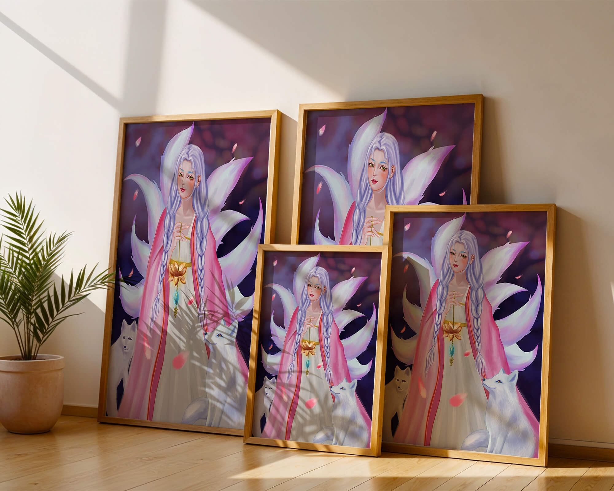 Fantasy art of ethereal figure with foxes and petals