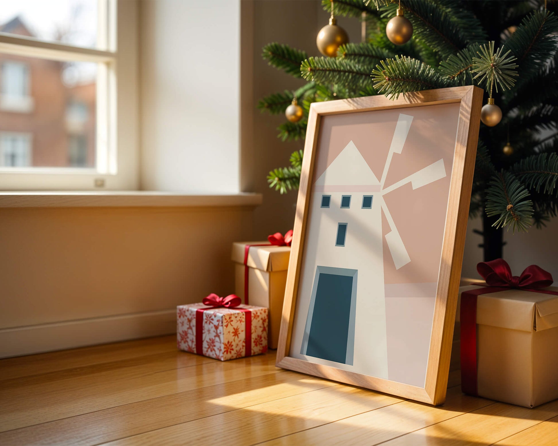 Minimalist geometric house illustration on pastel background