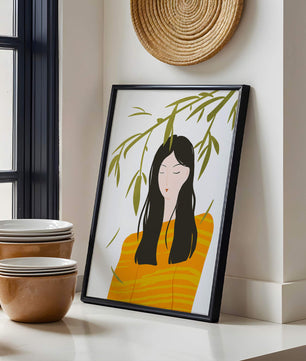 Illustration d'une femme en pull orange avec un fond de feuillage