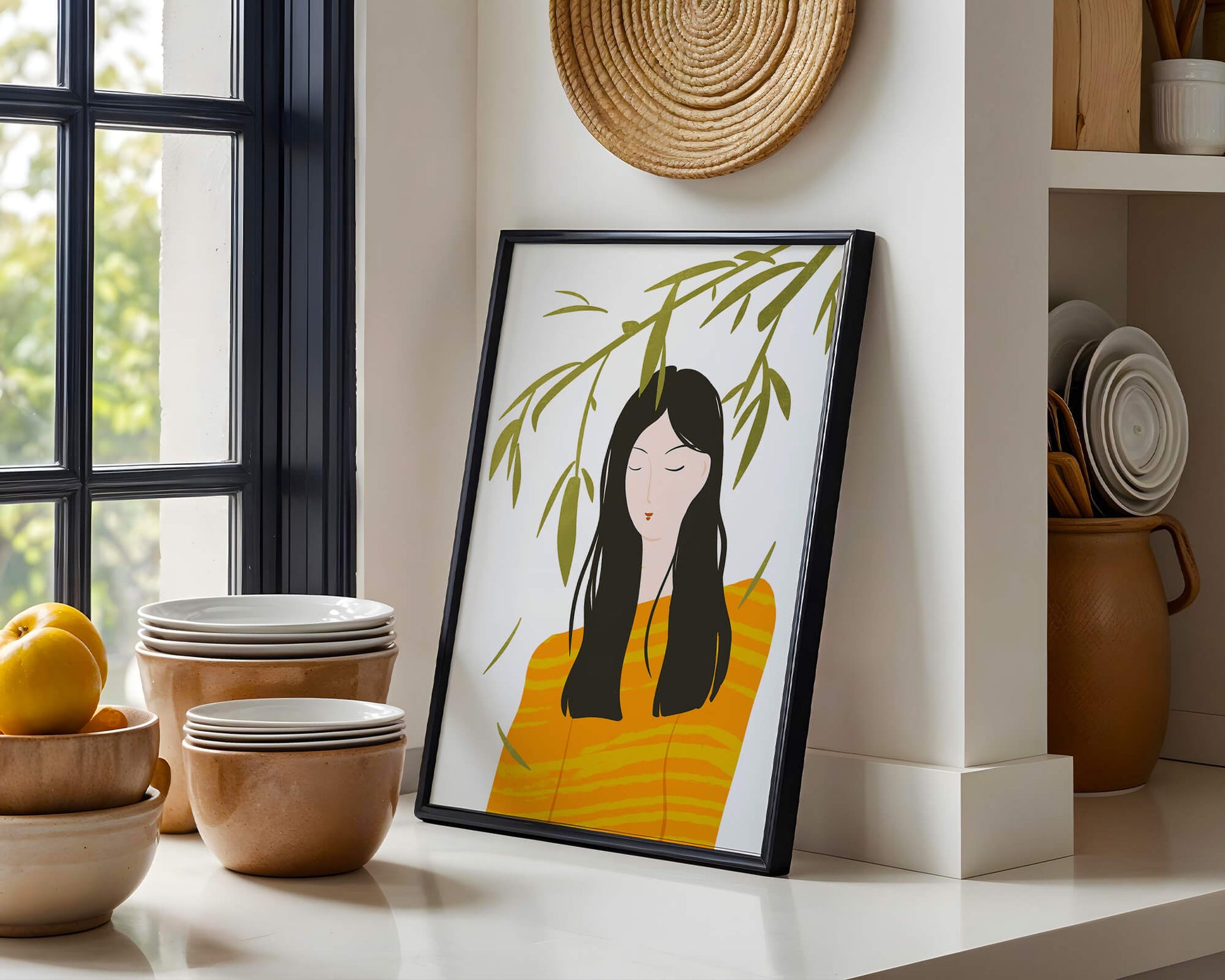 Woman in orange sweater with foliage backdrop illustration