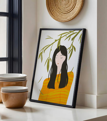 Woman in orange sweater with foliage backdrop illustration