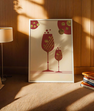 Stylish wine glasses with gold accents and a festive theme