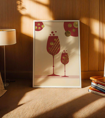 Stylish wine glasses with gold accents and a festive theme