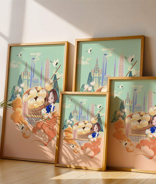 Illustration de la ligne d’horizon de Shanghai avec des raviolis et des éléments asiatiques