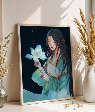 Elegant Woman Holding Glowing Lotus in Tranquil Nightscape