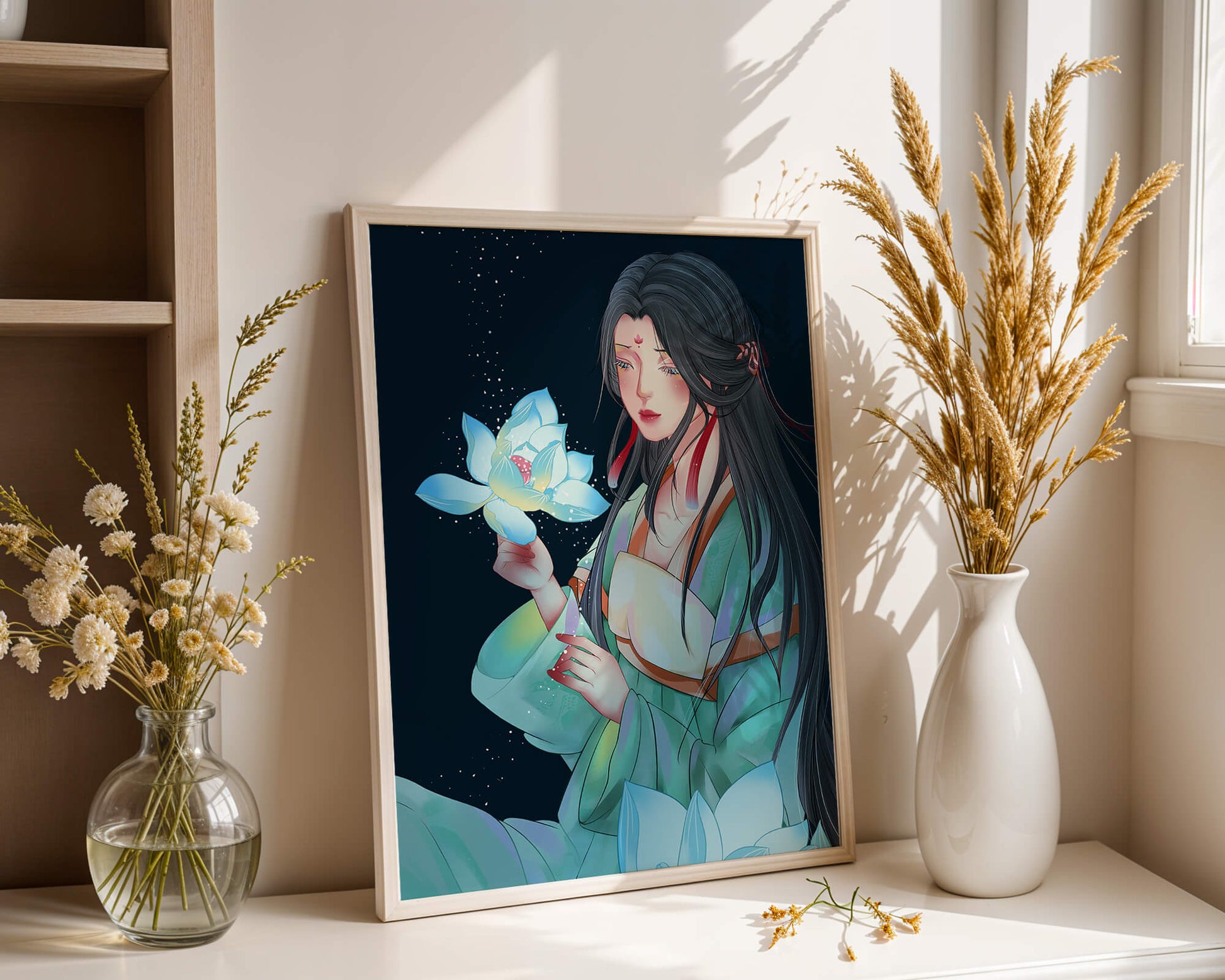Elegant Woman Holding Glowing Lotus in Tranquil Nightscape