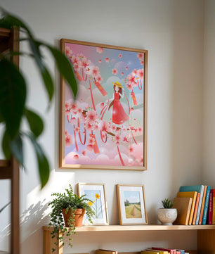 Scène printanière sereine avec des cerisiers en fleurs et une fille portant un chapeau