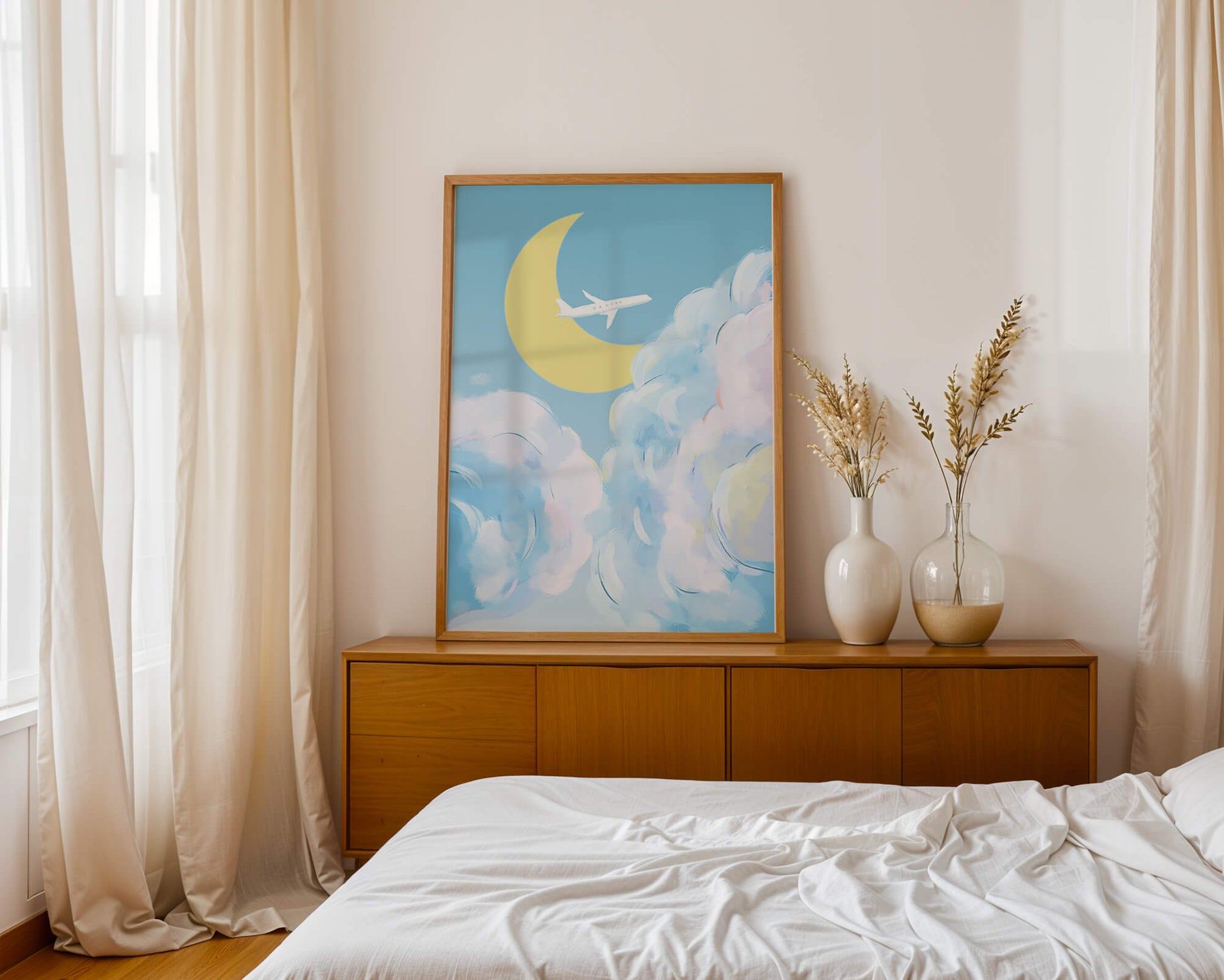 Scenic sky illustration with airplane and crescent moon