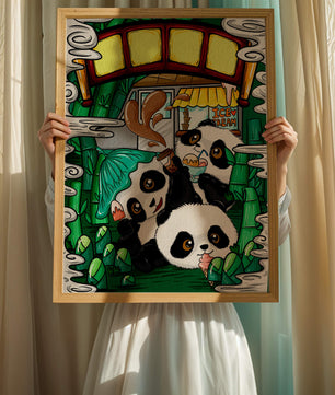 Ilustración de pandas encantadores disfrutando de helado bajo un puente de bambú