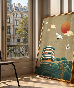 Traditional Asian art with cranes and temple at sunset