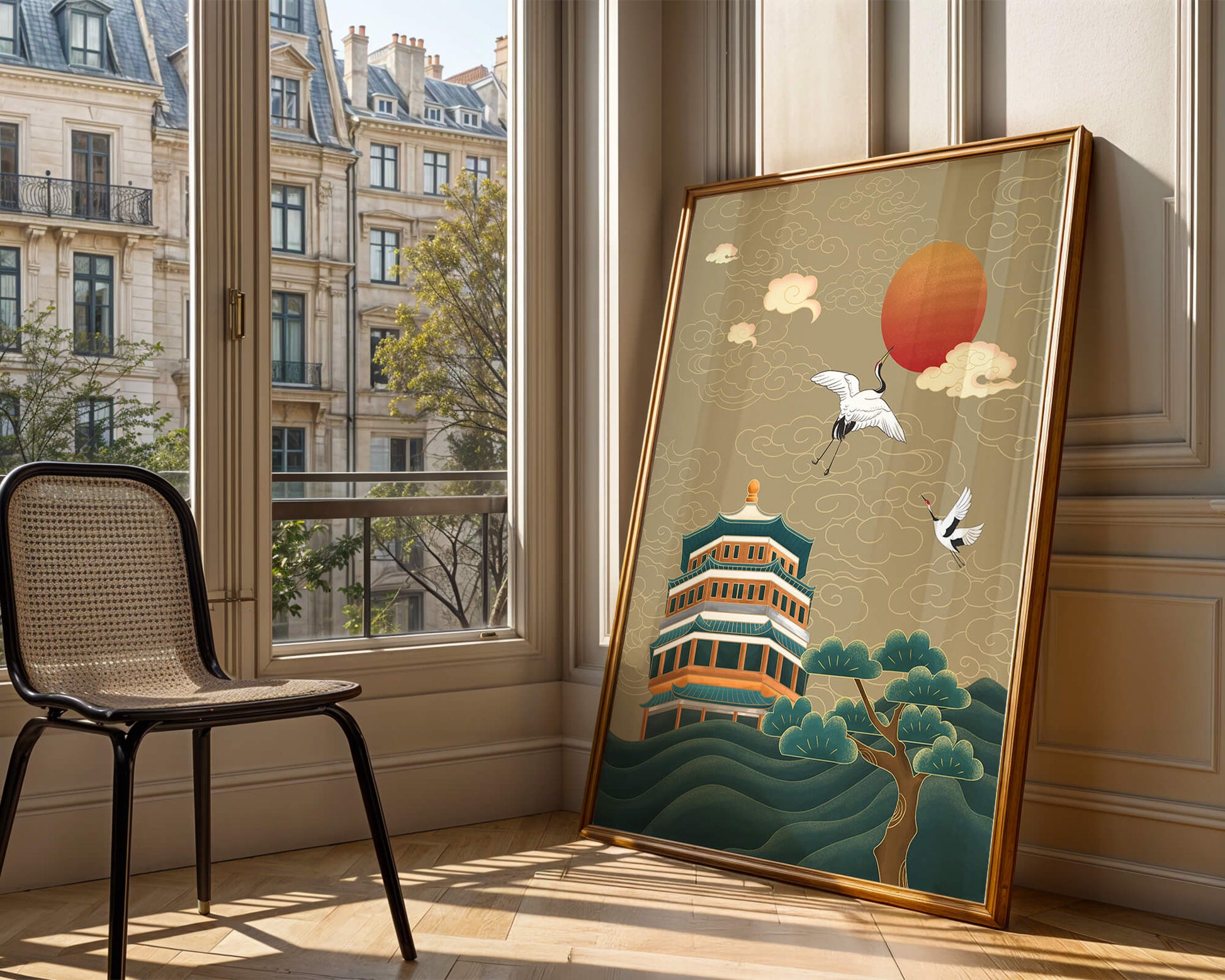 Traditional Asian art with cranes and temple at sunset