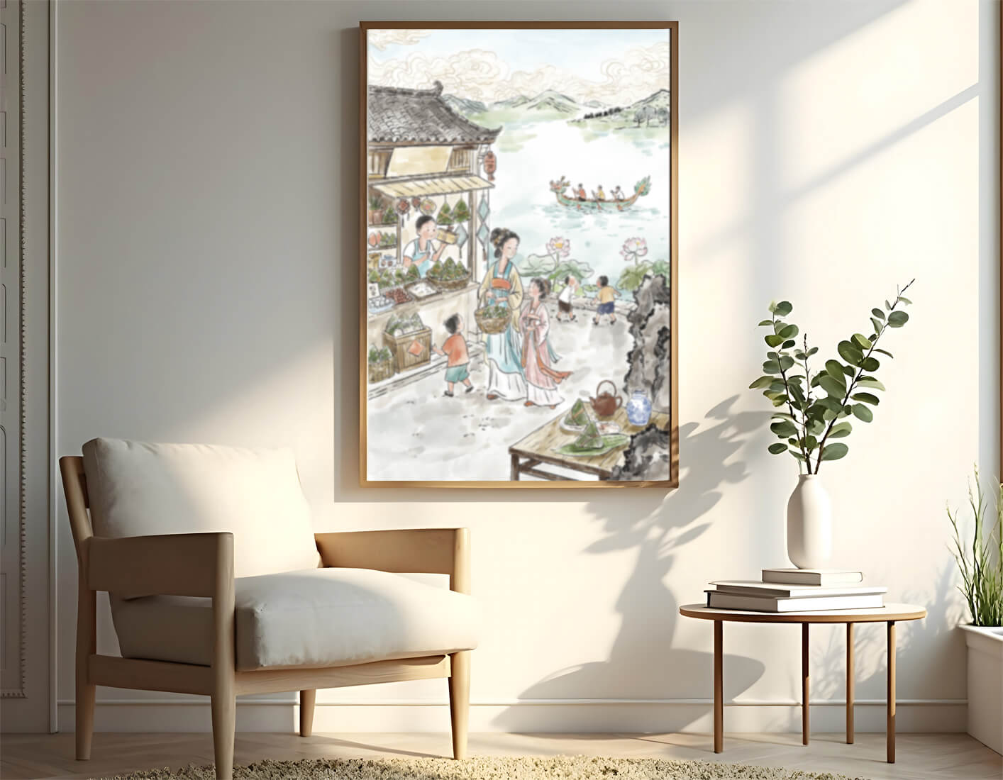 Escena tradicional del mercado chino con carreras de botes dragón