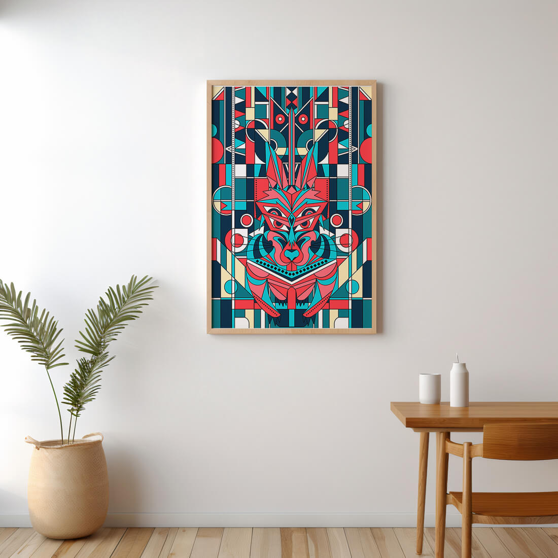 Arte abstracto geométrico de lobo con influencias tribales