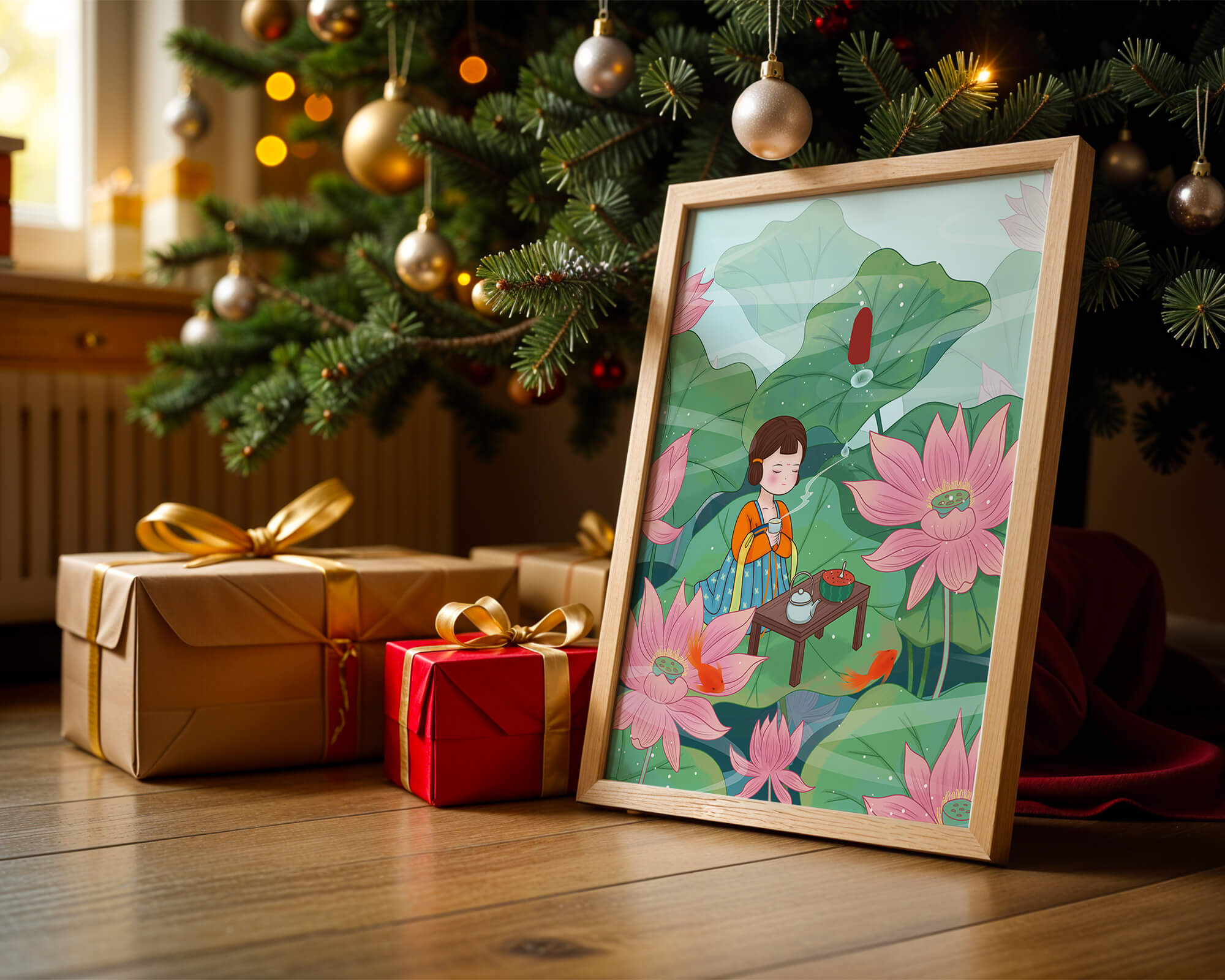 Serene illustration of a girl enjoying tea among lotus flowers