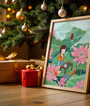 Serene illustration of a girl enjoying tea among lotus flowers